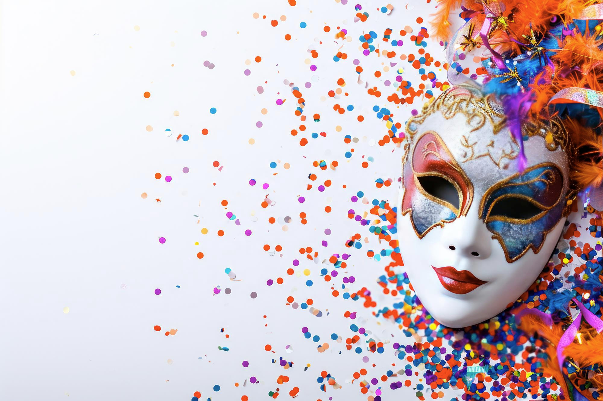 Venezianische Karnevalsmaske mit buntem Konfetti auf weißem Hintergrund – Symbol für Karneval und zugleich Rückzug vom Trubel