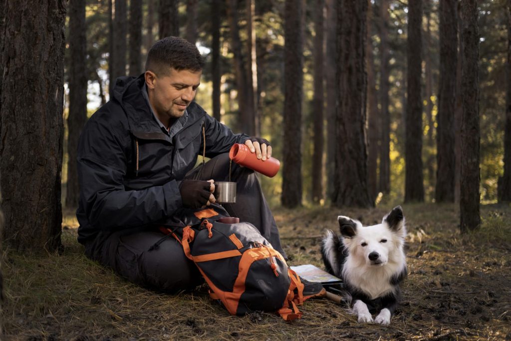 Hundestraining am Klaukenhof: Trainer macht Pause mit Hund im Wald