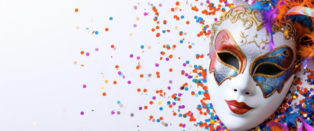 Venezianische Karnevalsmaske mit buntem Konfetti auf weißem Hintergrund – Symbol für Karneval und zugleich Rückzug vom Trubel